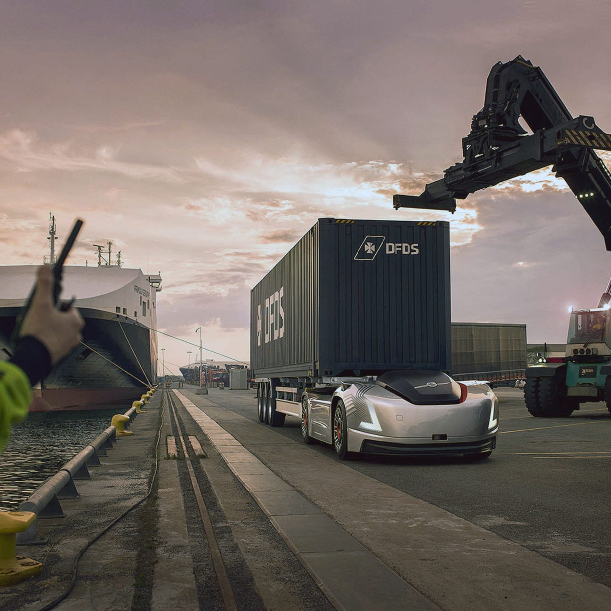 De Vera rijdt autonoom rond met lading tussen de veerhaventerminal en de warehouses van DFDS Seaways. (Foto Volvo Trucks)