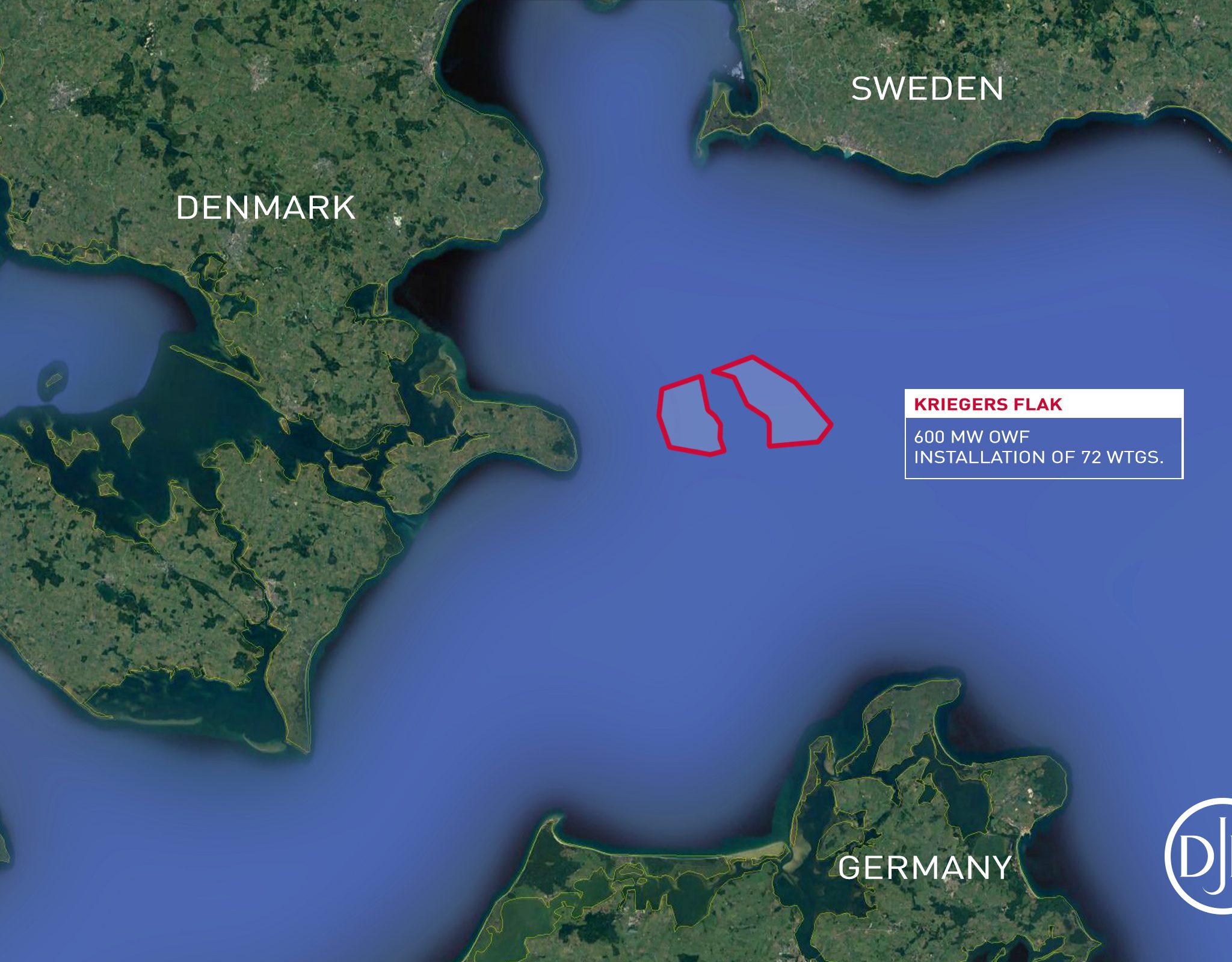 Het Kriegers Flak OWF is gelegen in de Baltische Zee, met waterdieptes die variëren tussen 15 en 30 meter, op 15 kilometer van de kust. (Illustratie Jan de Nul)