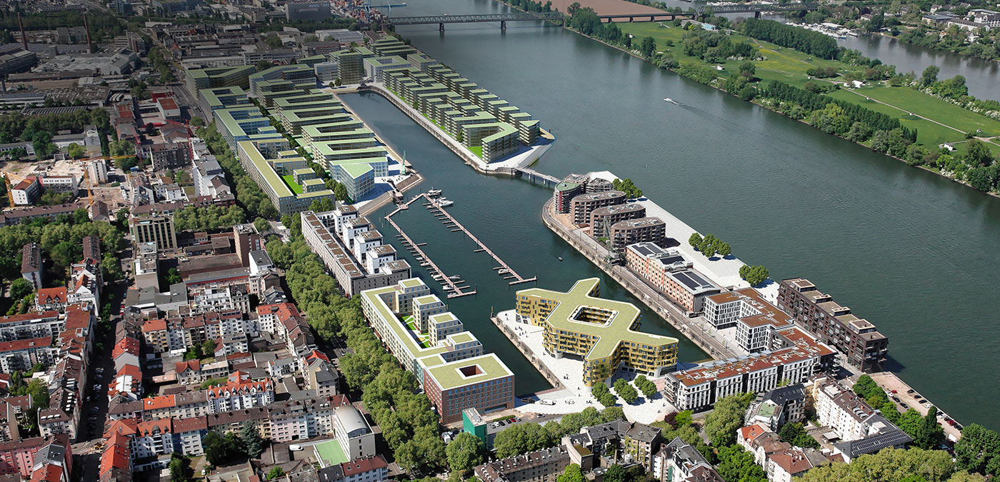 Zo gaat de bebouwing van de Zollhafen Mainz er uiteindelijk uit zien. Rechtsonder de Südmole waar de nieuwe ligplaatsen zijn gepland. (Beeld Ca Immo)