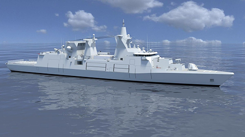 Artist's impression van het nieuwe Duitse MKS 180 type fregat, dat wordt gebouwd door Damen en Blohm+Voss. (Afbeelding MTG Marinetechnik)
