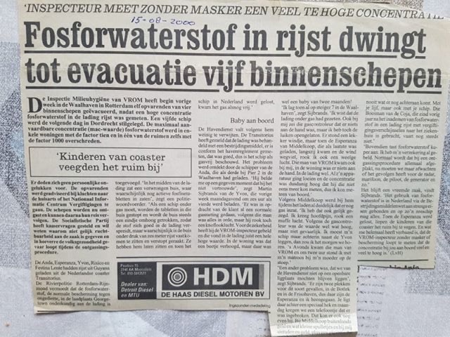 Een bericht uit Schuttevaer van 15 augustus 2000: Fosforwaterstof (fosfine) in rijst dwingt tot evacuatie vijf binnenschepen