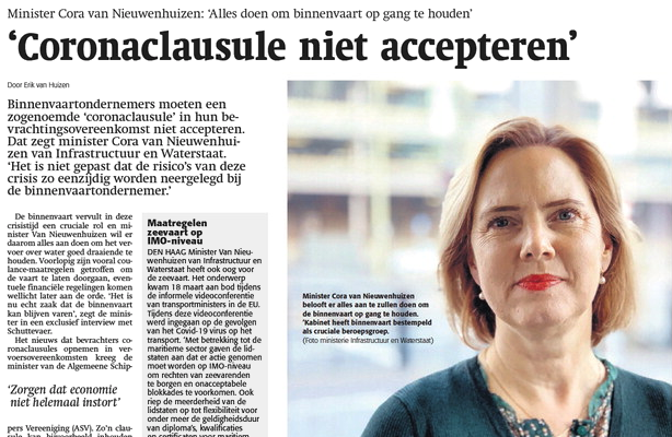 Minister Cora van Nieuwenhuizen op de Schuttevaer-voorpagina van 3 april 2020.