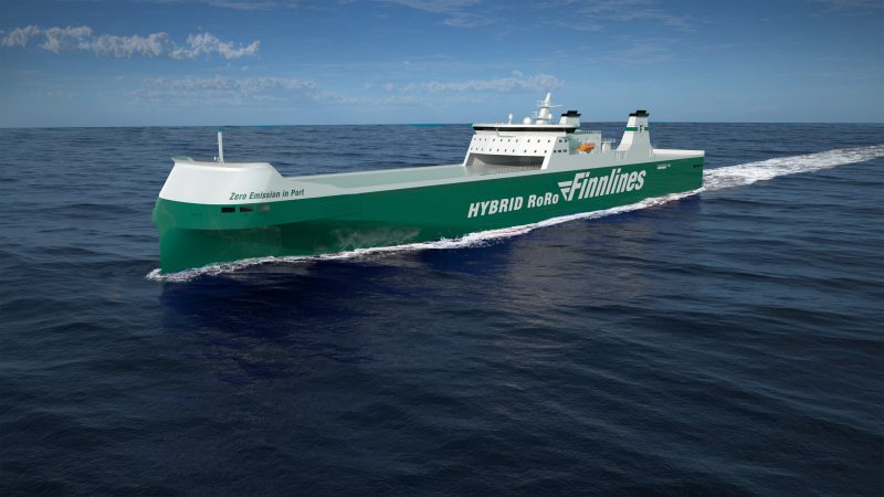 De hybride Finneco RoRo-schepen worden 20 meter langer dan de RoRo-schepen van Finnlines uit de Breeze-klasse. Ze kunnen daardoor 38% meer lading meenemen. (Artist’s impression FinnLines)