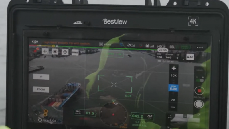 Wie goed kijkt, ziet het schip en de positie van de drone. (Foto Dutch Drone Delta)