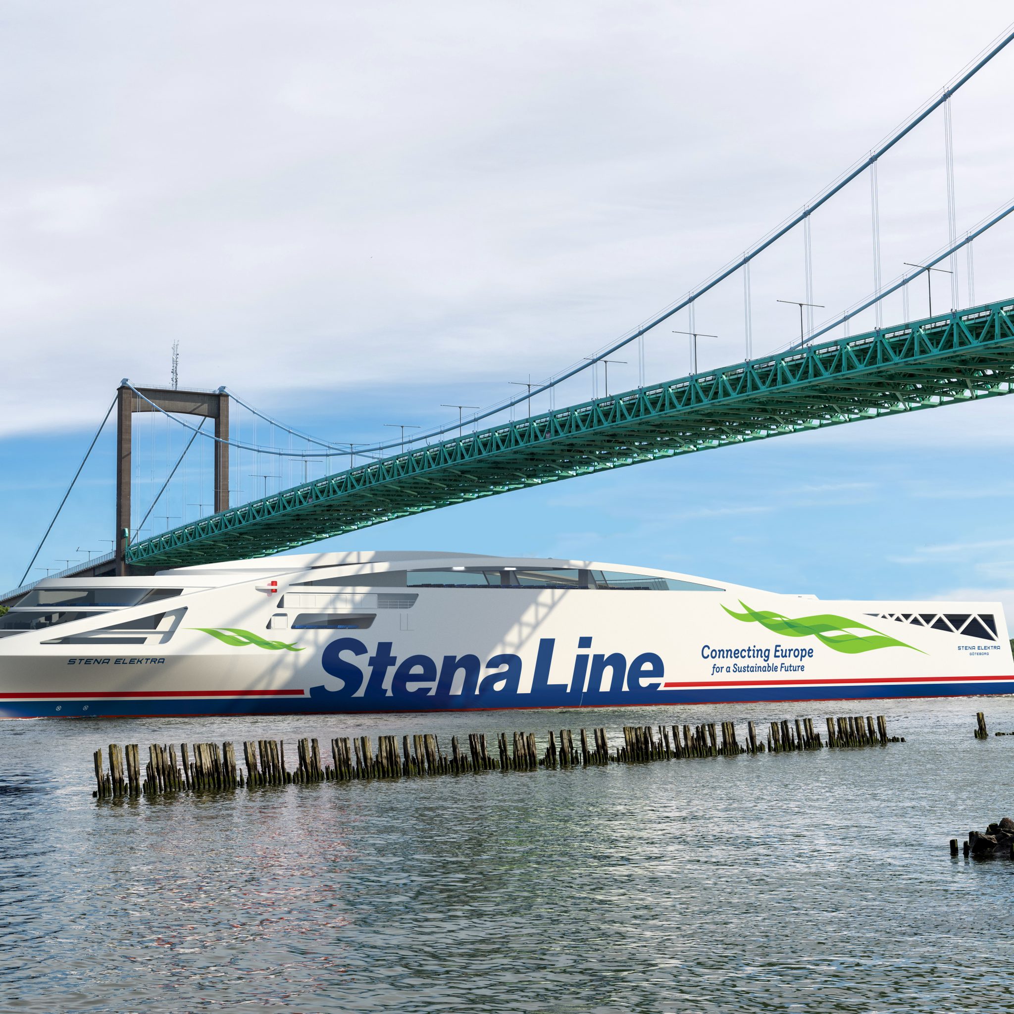 Een digital image van de Stena Elektra onder de Älvsborgsbrug in Gothenburg die alle ferry’s naar Duitsland en Denemarken passeren. (Illustratie Stena Line)