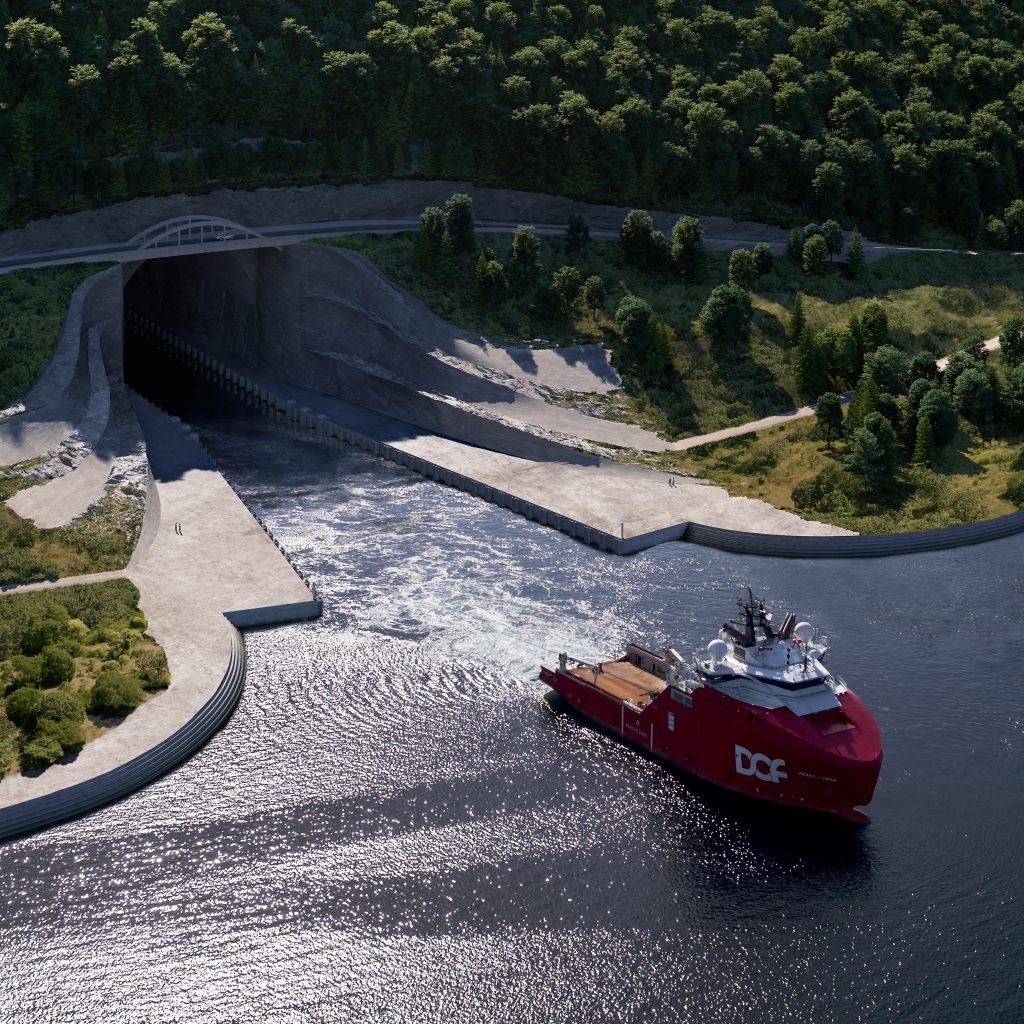 Impressie van de beoogde ingang van de Stad Shiptunnel (Illustratie Norwegian Coastal Administration)