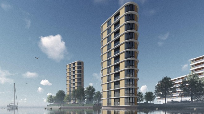 Artistieke impressie van bouwplan twee woontorens op Zaaneiland. (Illustratie Rochdale)
