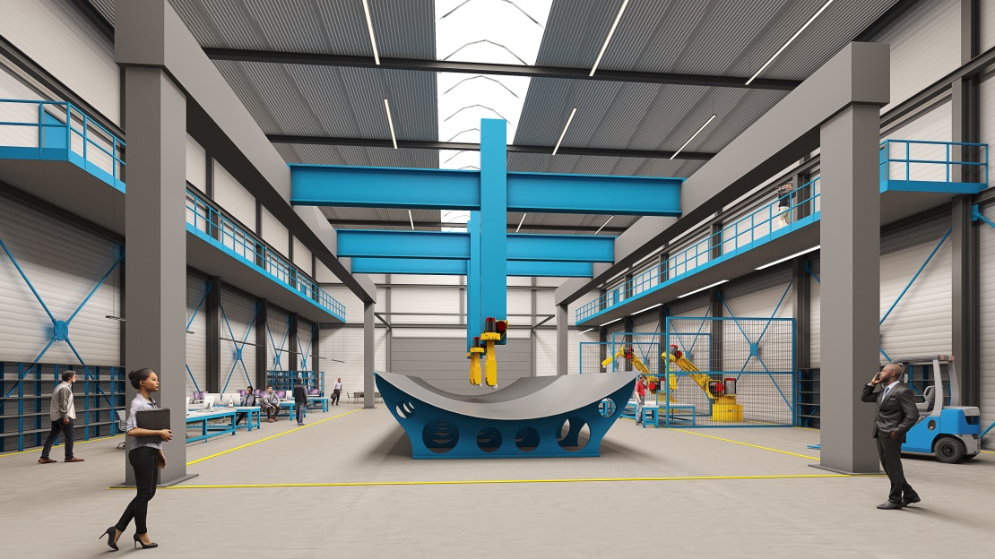 Kjelt van Rijswijk van SAM|XL vertelt over hun testfaciliteiten voor geautomatiseerde productie op de scheepswerf. (Beeld TU Delft)