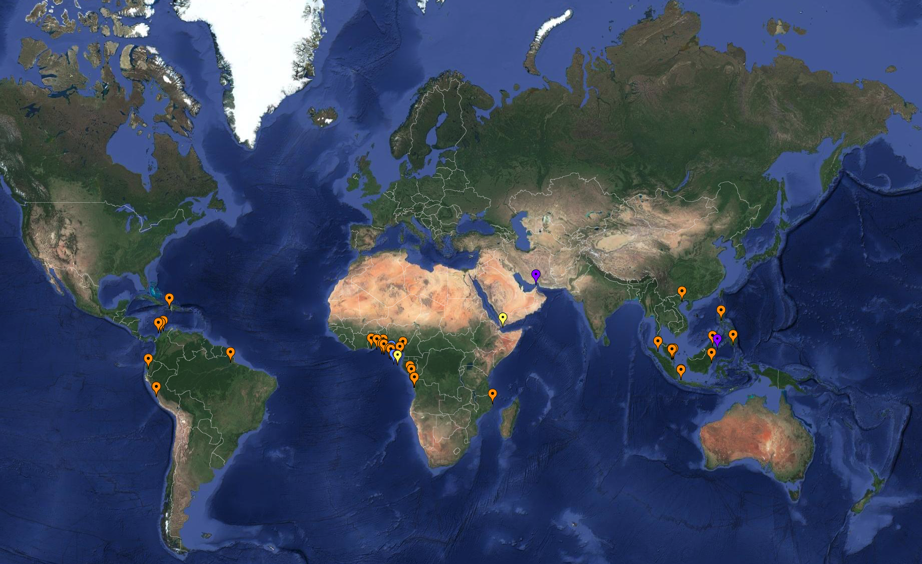 De piraterij aanvallen over de hele wereld, bij de oranje markers zijn de piraten ook echt aan boord gekomen. (Kaart ICC)