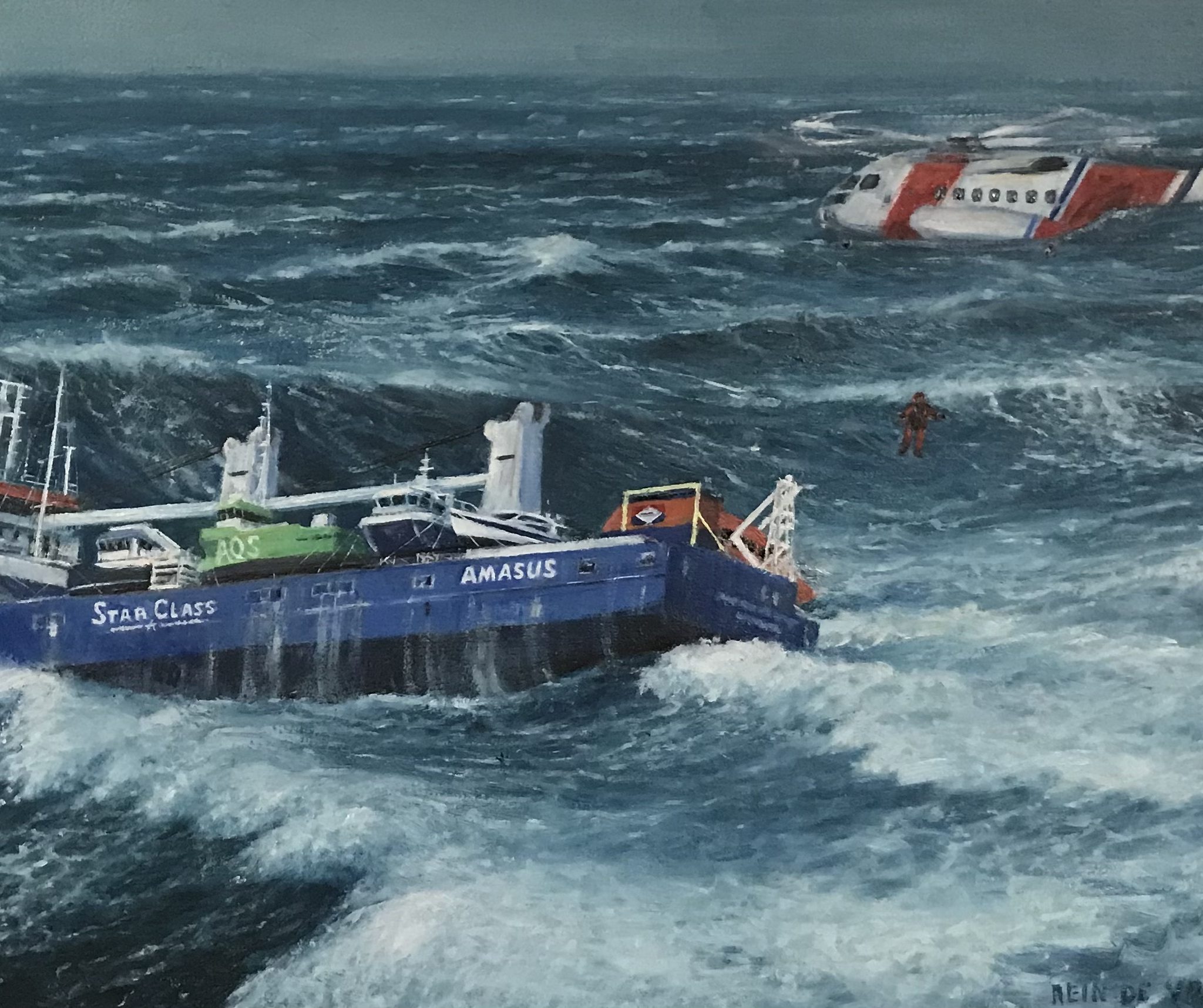 Inzending van zeeschilder Rein de Vries. De Eemslift Hendrika kwam in april dit jaar in de problemen voor de Noorse kust. (Schilderij gemaakt door De Vries)