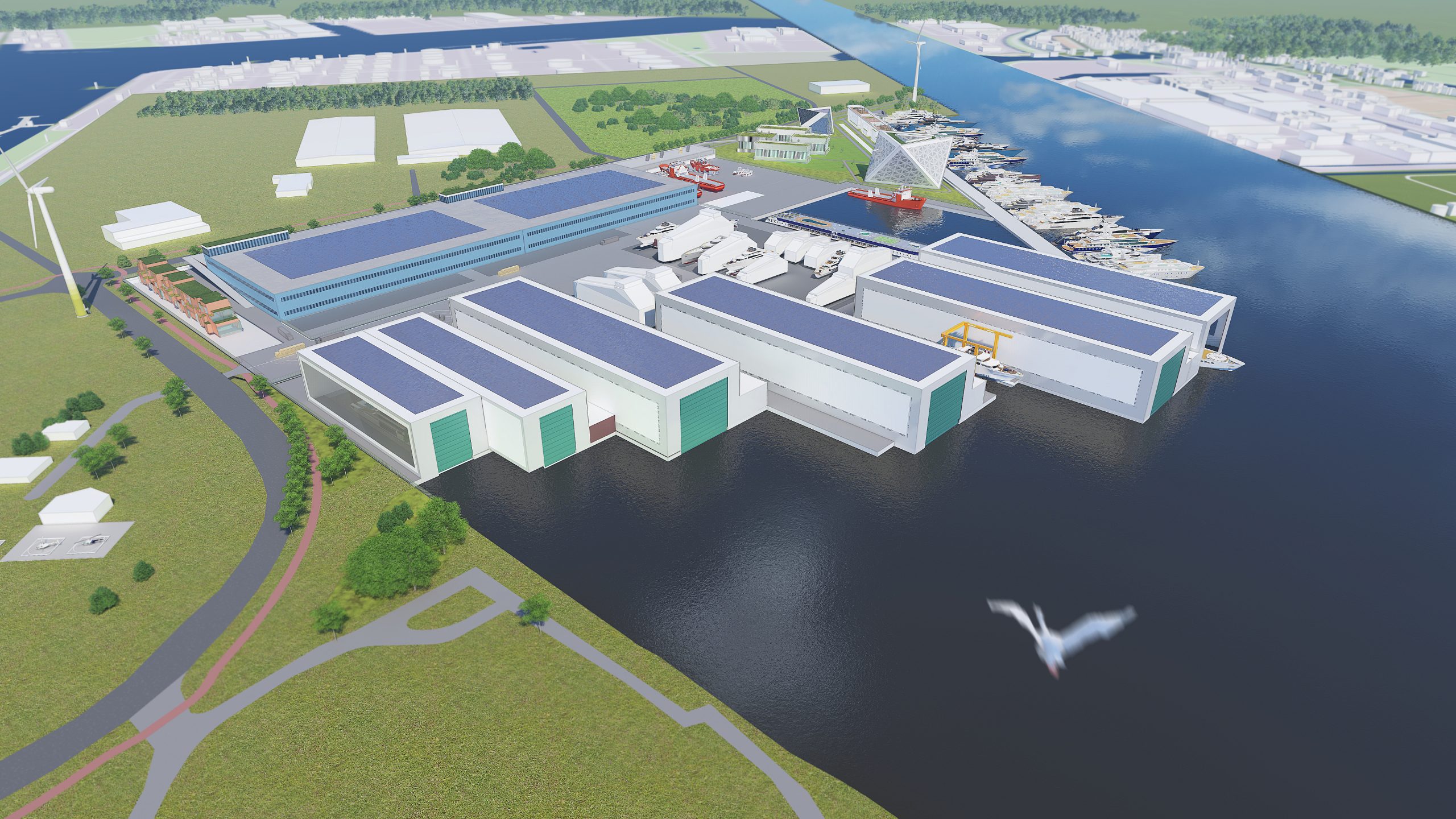 Artist's impression van de te ontwikkelen Dutch Superyacht Tech Campus op het terrein van de ADM-haven. Rechtsboven de geplande kademuur op de plaats waar nu de kegelplaatsen zijn. (Illustratie Larendael)