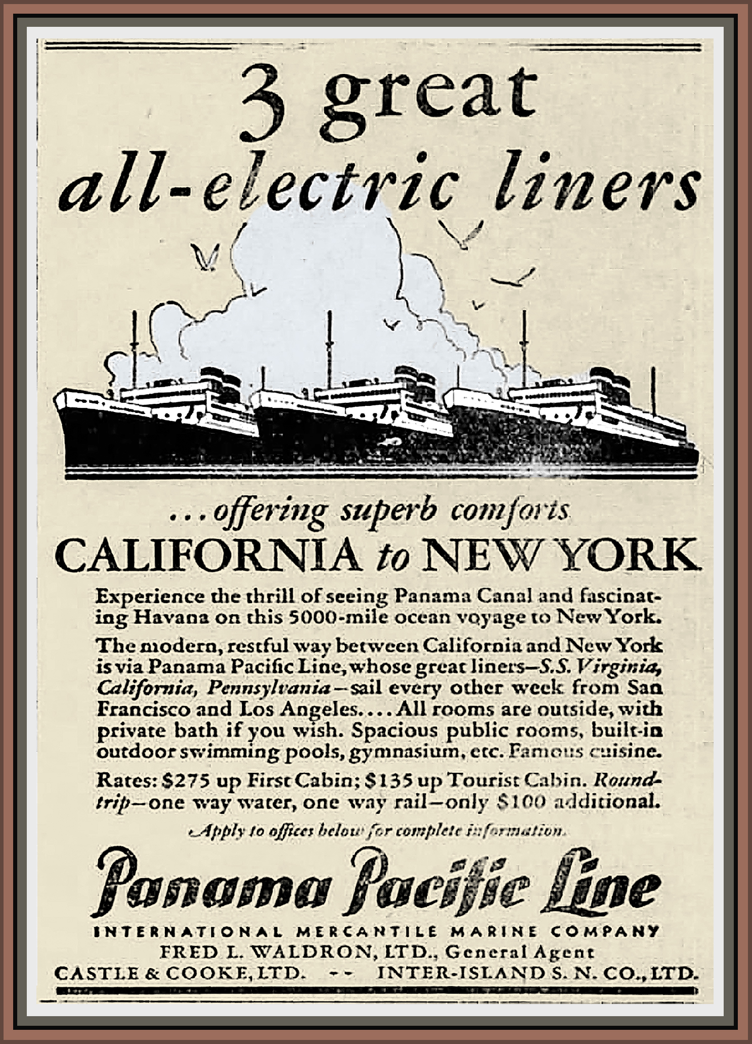 'All-electric liner' was een reclame-slogan om passagiers te lokken. De elektriciteit werd wel degelijk met stoom opgewekt, weliswaar met een turbine en geen ouderwetse stoommachine.
