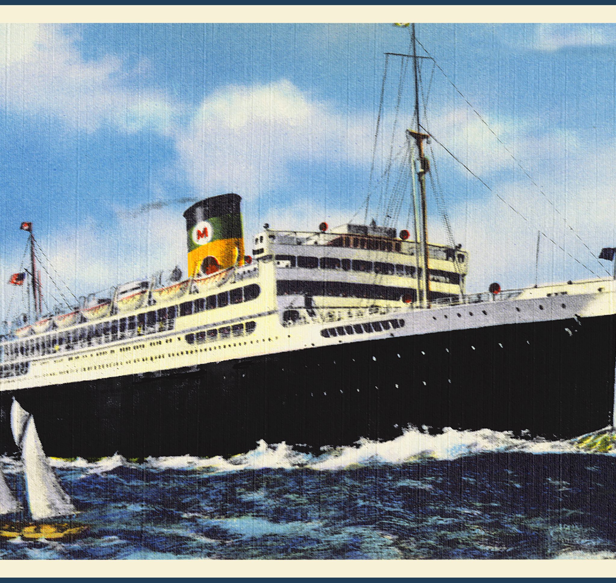 Een artistieke afbeelding van de gerenoveerde SS California, al uitgevoerd met de enkele schoorsteen en varend op Zuid-Amerika. Ook de naam werd veranderd, namelijk in SS Uruguay.