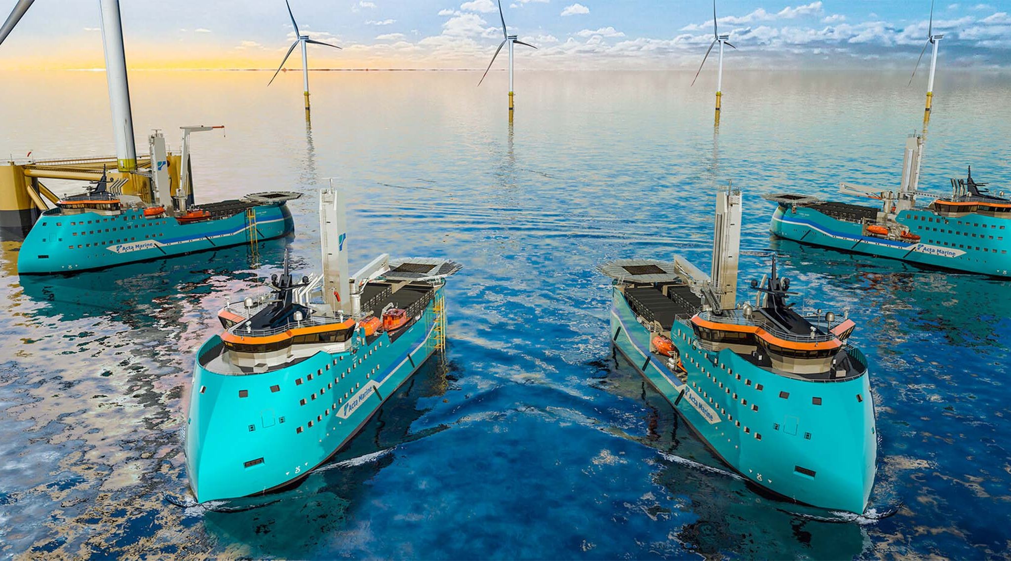 De twee nieuwe door methanol aangedreven CSOV’s zijn volgens Acta Marine een primeur in de offshore windindustrie. (Artist's impression Acta Marine)