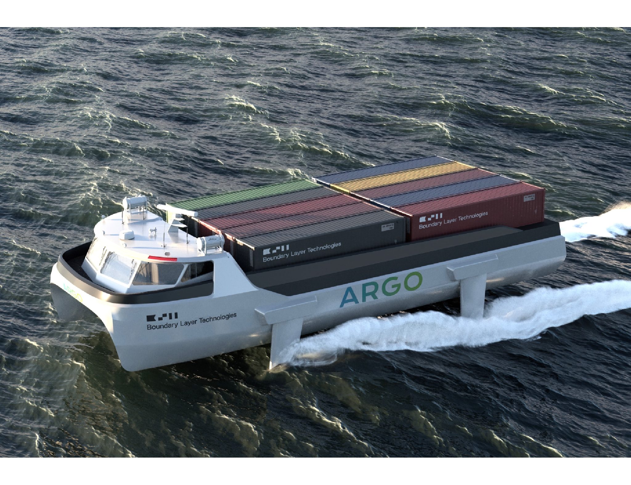De waterstof aangedreven Argo neemt 20 teu of 200 ton mee (Illustraties Boundary Layer Technologies)