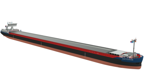 de WEVA Antonie 1, het allereerste waterstof-aangedreven nieuwbouwschip in de binnenvaartsector.