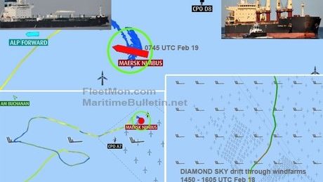 De tanker Maersk Nimbus en de Bulgaarse bulk carrier Sky Diamond kwamen februari 2022 in de problemen bij windparken voor de kust van Zeebrugge.